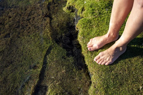 Uma Jovem Caminha Descalça Praia Pernas Menina Água Sob Luz — Fotografia de Stock