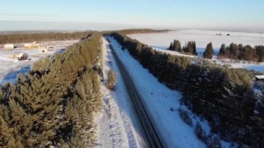 Aerial view of a country road in the forest. Cinematic drone shot over a gravel road in a pine forest