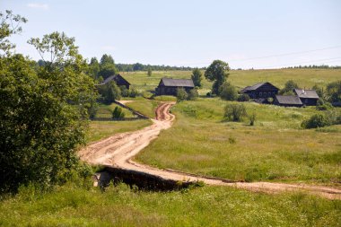 Rusya. Köy görünümü. Yaz kırsal manzara evleri ile