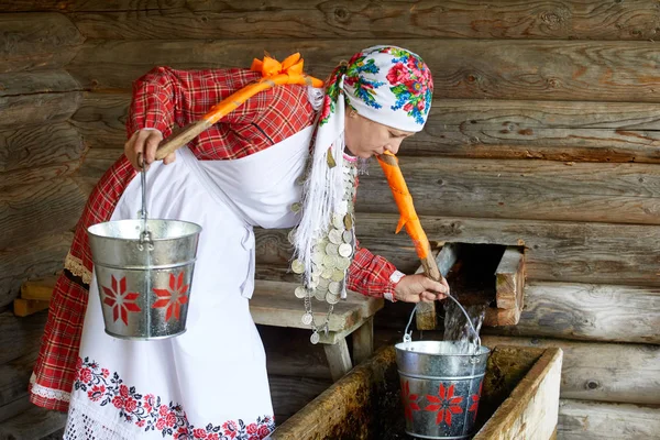 Woman Village Engaged Housekeeping Girl Carrying Buckets Water Clean Source — Stock Photo, Image