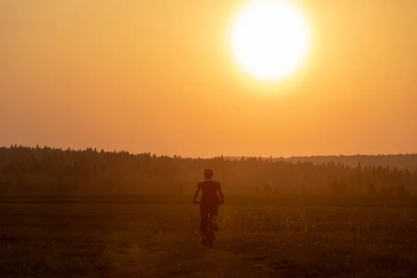 Щаслива Дівчина Велосипедом Природі Тлі Яскравого Заходу Сонця Жовтого Сонця — стокове фото