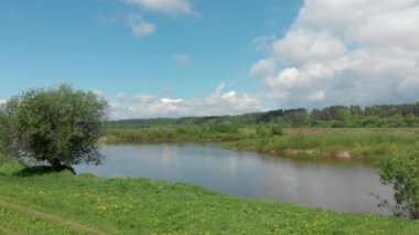 Nehrin, uçurumun, tepelerin ve ormanın en iyi manzarası. Hava fotoğrafçılığı. Güzel yaz manzara