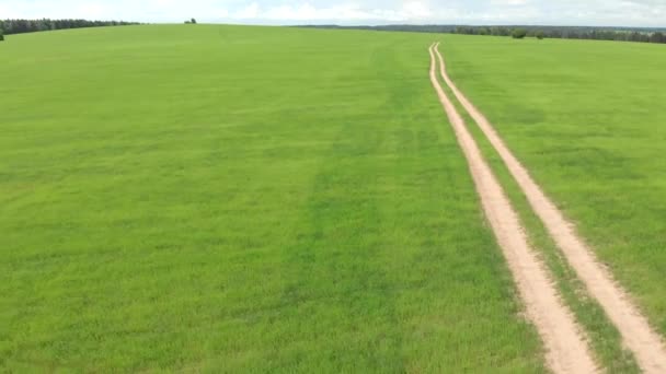Estrada Rural Que Atravessa Prados Campos Verdes Dia Verão Ensolarado — Vídeo de Stock