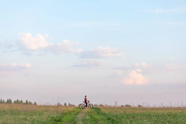 Fille Sur Vélo Sur Fond Ciel Bleu Herbe Verte — Photo