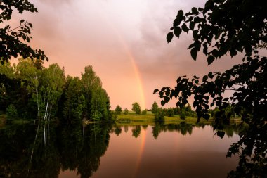 Bir orman gölet yansıması ile gökkuşağı ve kırmızı-sarı gün batımı.