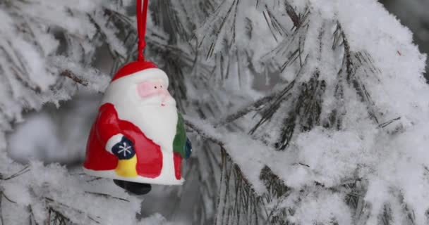 新年クリスマスとデコレーションおもちゃのサンタクロースは 森の中の枝に揺れる — ストック動画