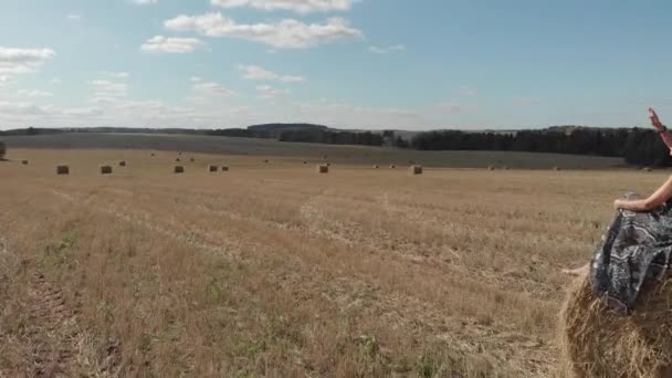 Young Woman Dress Fields Harvested Wheat — Stock Video