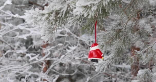 Nový Rok Vánoce Dekorace Santa Claus Houpal Větvi Lese Sněží — Stock video