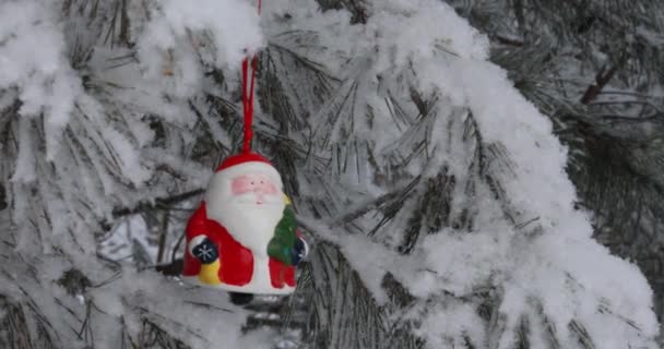 Ano Novo Natal Decorações Brinquedo Papai Noel Balançando Ramo Floresta — Vídeo de Stock