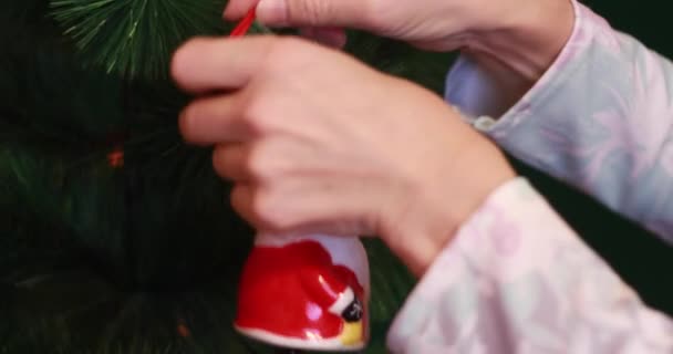 Female Hands Hang New Year Toys Christmas Tree Christmas Santa — Stock Video