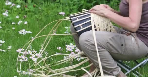 Girl Wicker Rattan Basket Sitting Outdoors — Stock Video