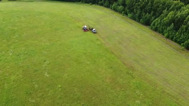 Аерофотозйомка Широкі Крупним Планом Знімки Комбайна Ріже Зелену Траву Птахи — стокове відео