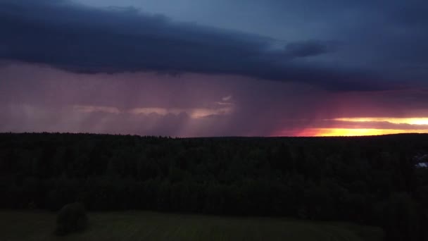 空中写真 雷をクリアし 日没の空に対して 雷雲から雨が降っている 電気が空を照らす — ストック動画