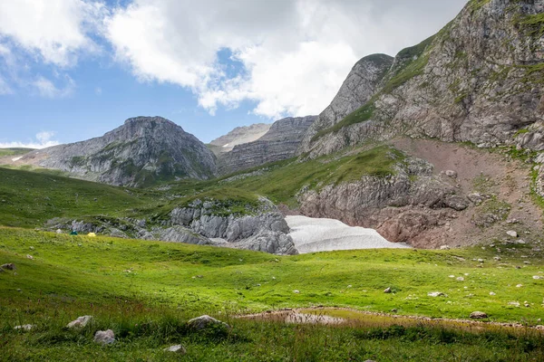 Rusya 'daki Kafkas Dağları' nın yaz manzarasında çiçek açan çayırlar.