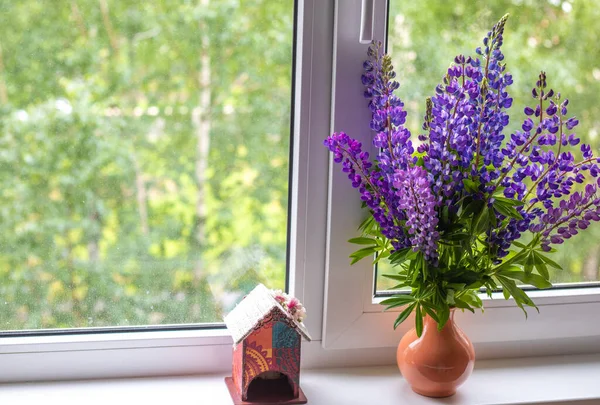 Mavi ve mor lupin çiçekleri pencerenin beyaz pencere eşiğinde durur.