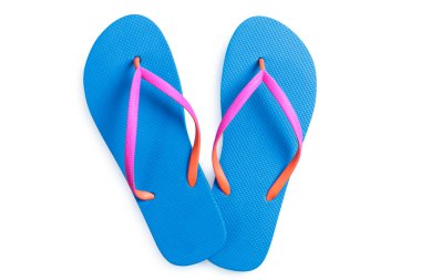 Beyaz arka plan üzerinde izole mavi flip flop. Üstten Görünüm