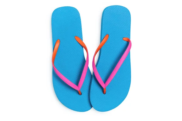 Blauwe Flip Flops Geïsoleerd Een Witte Achtergrond Bovenaanzicht — Stockfoto