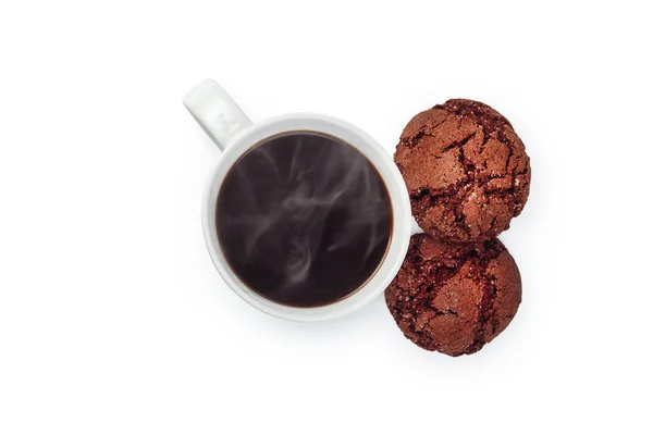 Copo Café Branco Biscoitos Isolados Branco Vista Superior — Fotografia de Stock