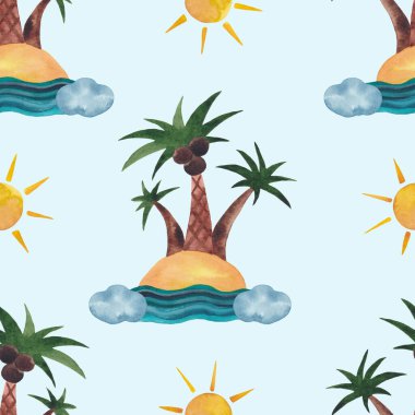 Kusursuz suluboya desenli, Denizde Tropikal Ada ve Mavi Arkaplan 'da Güneş. Çocuklar için egzotik duvar kağıdı. Avuç İçiyle Paketleme Kağıdı