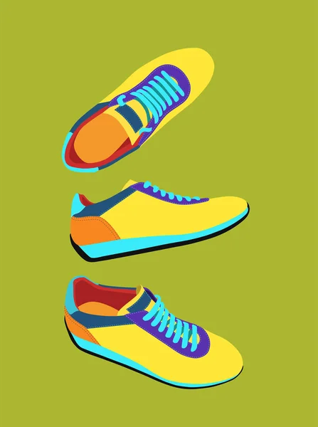 Set Colored Sneakers Green Background — Stock Vector