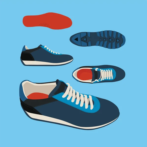 Set Sneakers Colorate Sfondo Blu — Vettoriale Stock