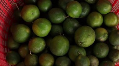 Vietnam 'daki geleneksel yerel bir pazarda satılık taze yeşil limonlarla dolu kırmızı plastik bir sepetin gerçek zamanlı videosu. Organik ürünleri ve sağlıklı beslenmeyi temsil ediyor..