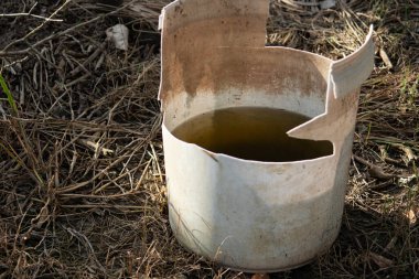 Bozuk ve kirli bir plastik kova, bulanık suyla, kuru zeminde terk edilmiş, ihmal, zorluk ya da kuraklık hissi uyandıran