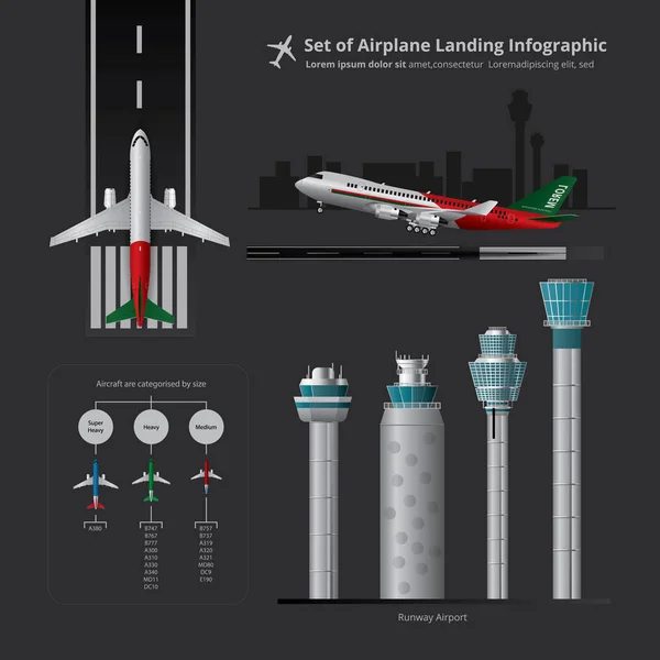 Infographic Kontrol Kulesi Ile Iniş Uçak Kümesi Vektör Illüstrasyon Izole — Stok Vektör