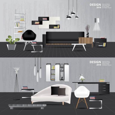 İç oturma odası mobilya ile vektör çizim ayarla