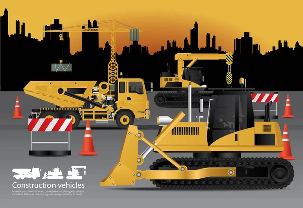 Construction Vehicles Set Building Background Vector Illustration — Stock Vector