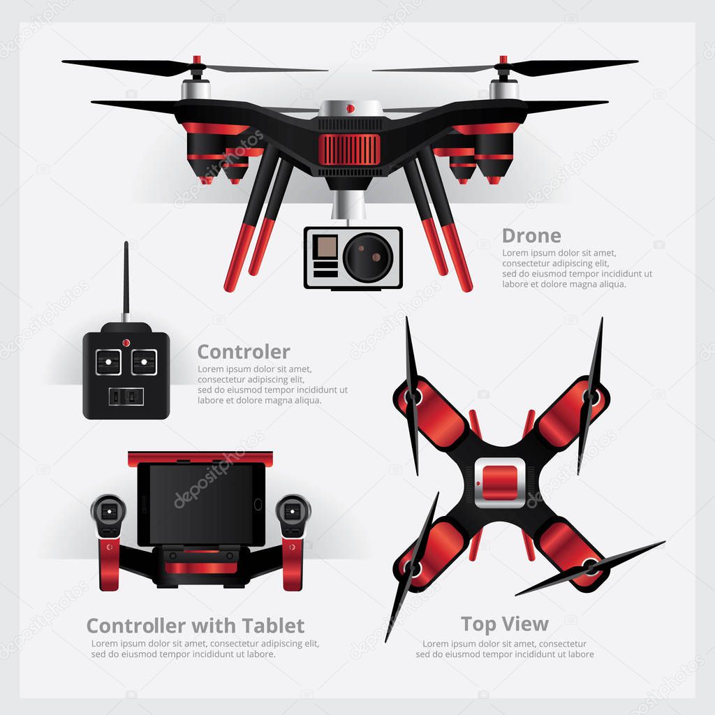 Drone with VDO Camera and Controller Vector Illustration