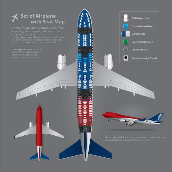 Conjunto Aterrizaje Aviones Con Mapa Asiento Ilustración Vectorial Aislada — Vector de stock