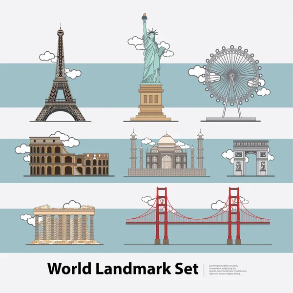 Die World Landmark Travel Set Vektor Illustration — Stockvektor