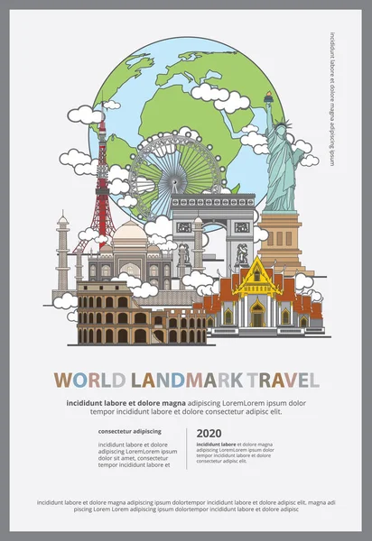 Die World Landmark Travel Poster Design Template Vector Illustration — Stockvektor