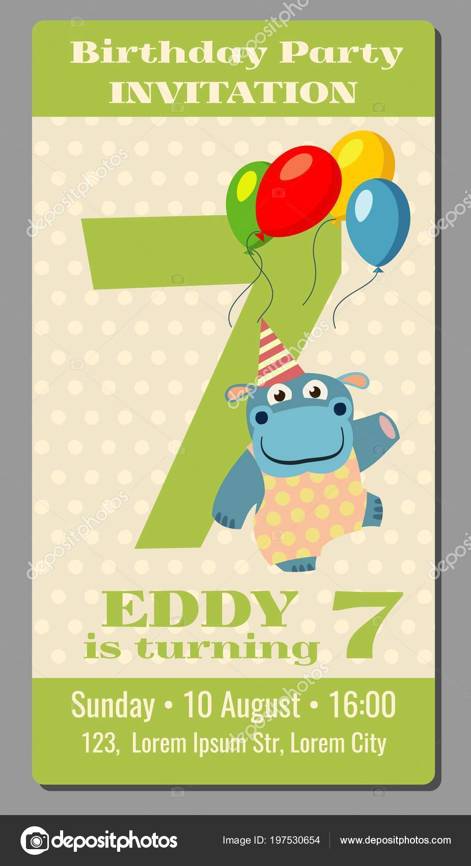 Birthday anniversary party invitation pass ticket with cute hippo vector template 5 years old 195530654 Birthday anniversary party invitation pass ticket with cute hippo vector template 5 years old 195530654