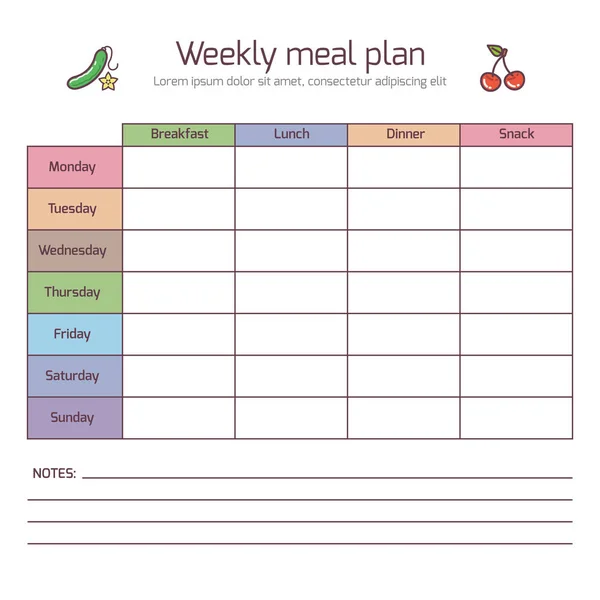 Weekly meal plan, mealtime vector diary. Meals schedule, week food template vector illustration — Stock Illustration Weekly Meal Plan Mealtime Vector Diary Meals Schedule Week Food Royalty Free Stock Illustrations