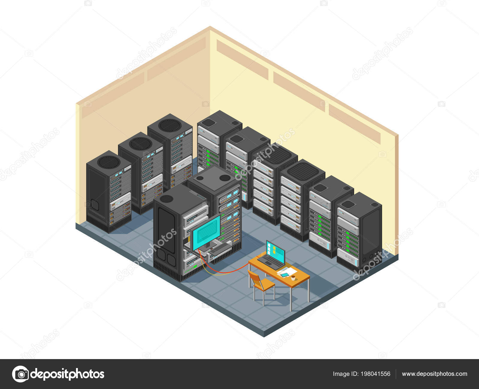 Isometric Network Server Room With Row Of Computer