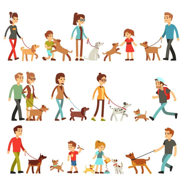 Happy people with pets. Women, men and children playing with dogs and puppes