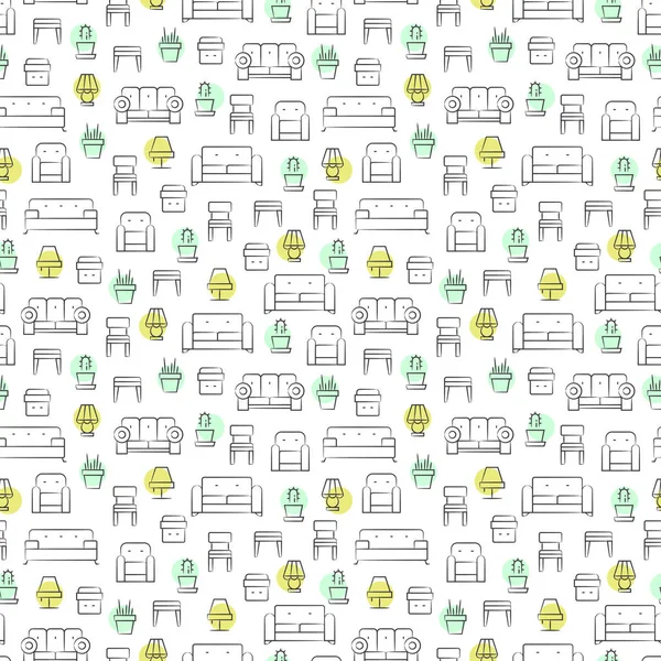 Living room furniture, lamps and pot plants seamless pattern