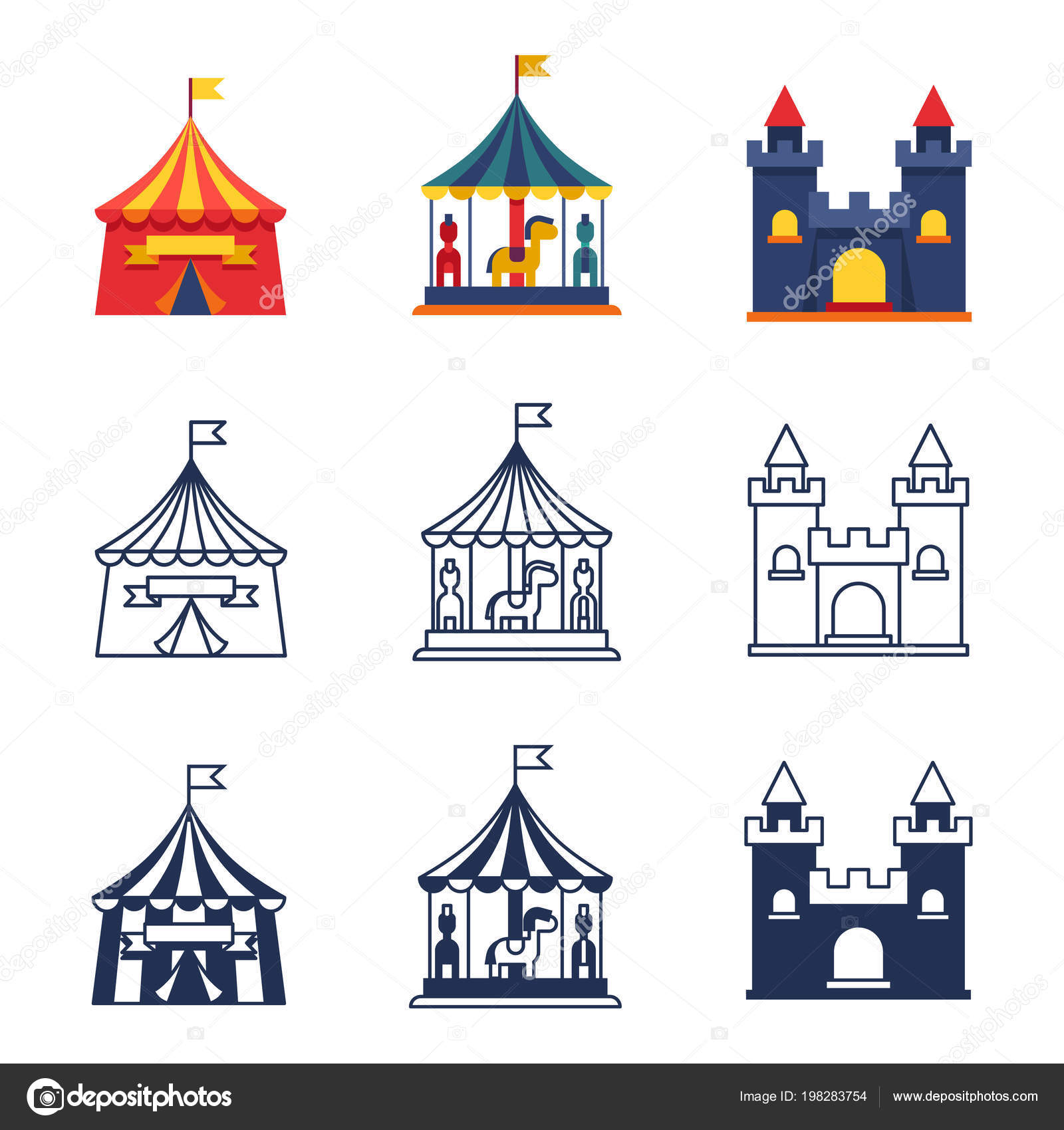Amusement Park Color Tents Circus Carnival Icons Collection Vector ...