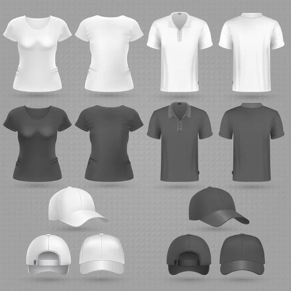 Male and female black white t-shirt and baseball cap vector 3d mockup isolated Royalty Free Stock Illustrations