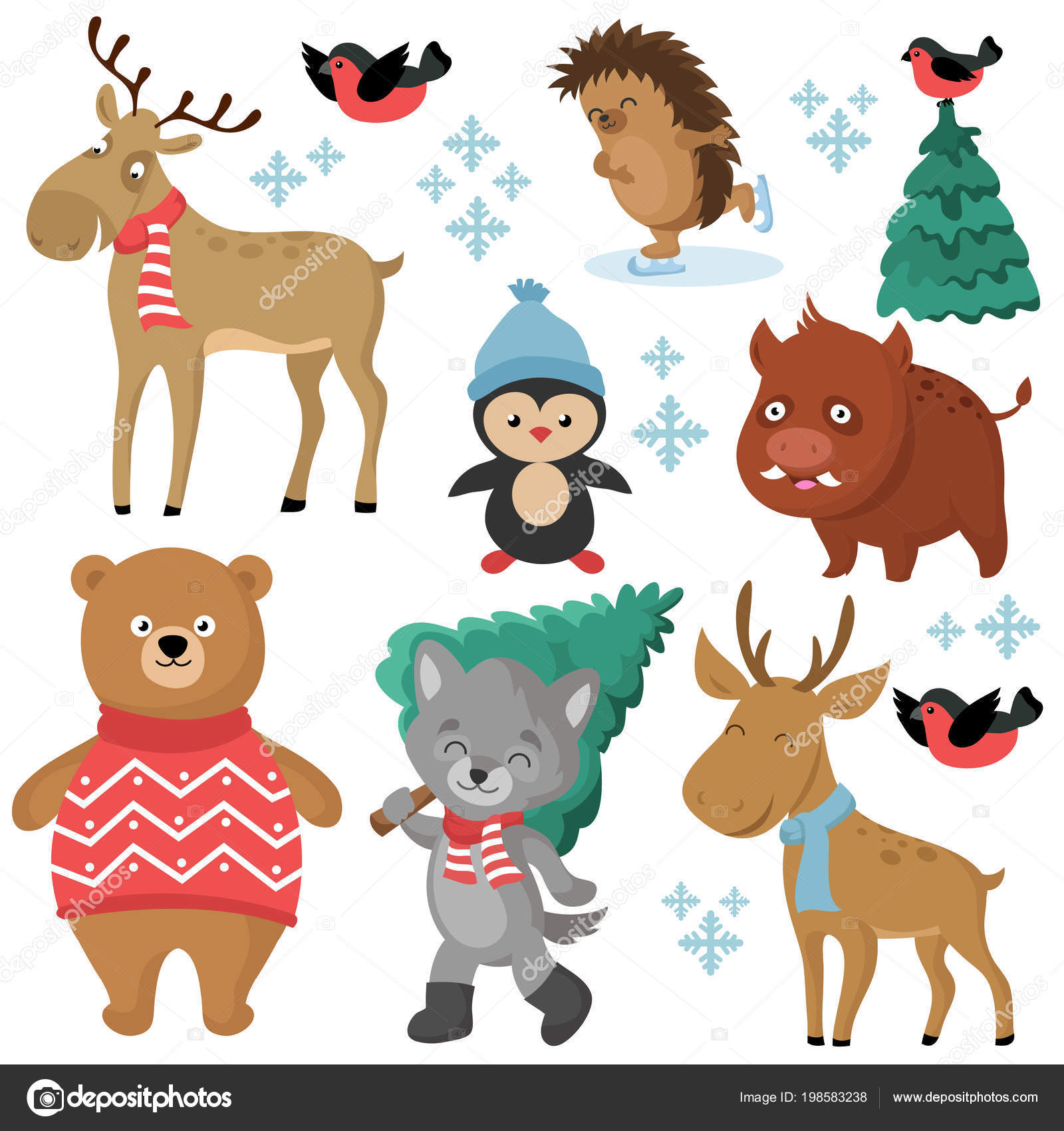 Happy Forest Animals In Winter And Christmas Trees Isolated On Happy Forest Animals In Winter And Christmas Trees Isolated On