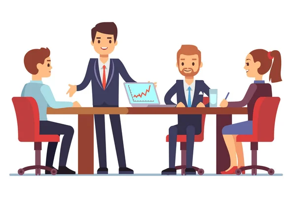 Business meeting in office at conference table with talking businessmen and businesswomen vector illustration