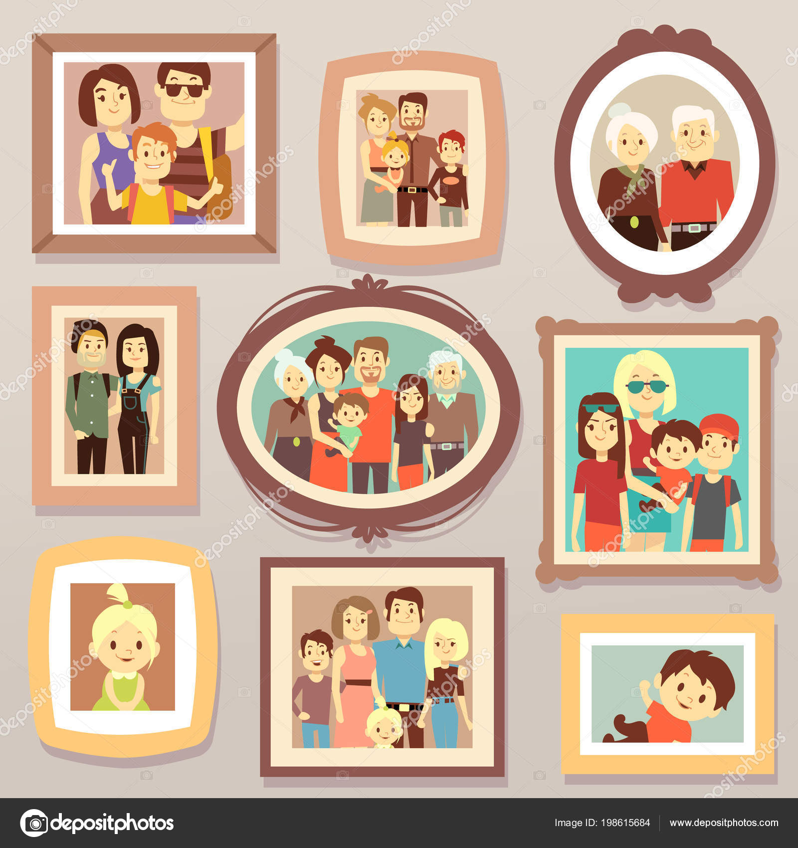 Big Family Smiling Photo Portraits In Frames On Wall Vector Big Family Smiling Photo Portraits In Frames On Wall Vector