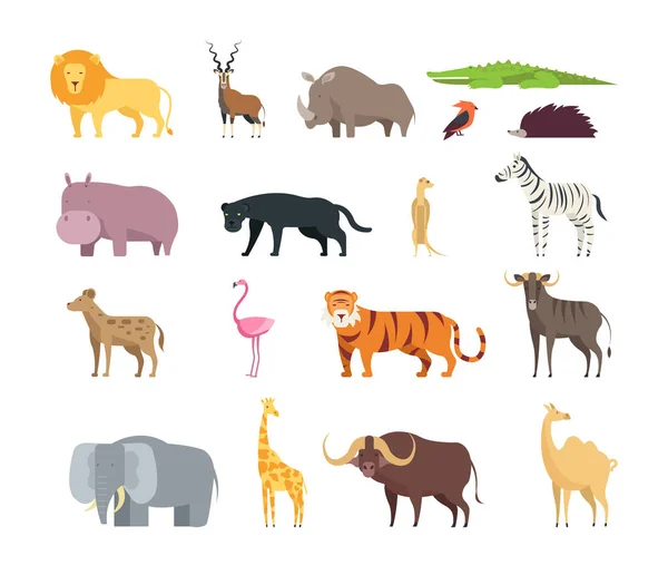 Cartoon african savannah animals. Wild zoo safari mammals, reptiles and birds vector set isolated on white background