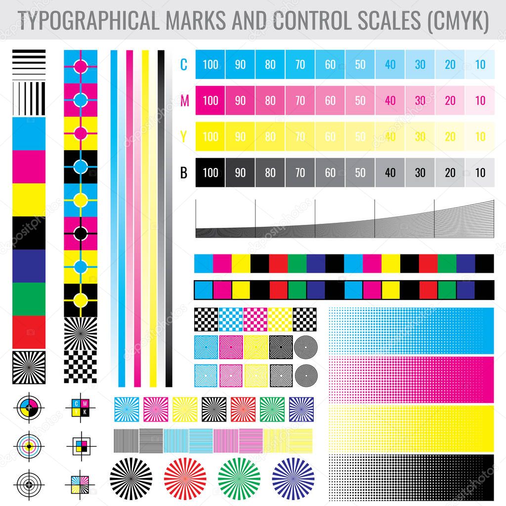 CMYK press print marks and colour tone gradient bars for
