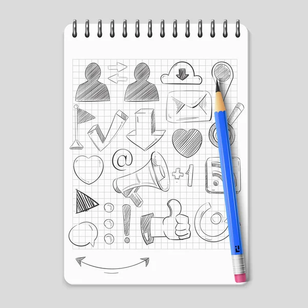 Hand drawn social media network icons on realistic notebook