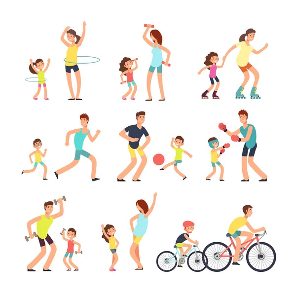Happy sport family. Mom, dad with kids doing sports exercises outdoor. Parents and children in fitness activity vector people isolated — Stock Illustration Happy sport family. Mom, dad with kids doing sports exercises outdoor. Parents and children in fitness activity vector people isolated Royalty Free Stock Vectors