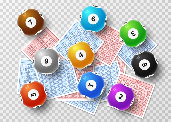 Lottery balls and bingo lucky tickets isolated on transparent background. Sports gambling vector concept