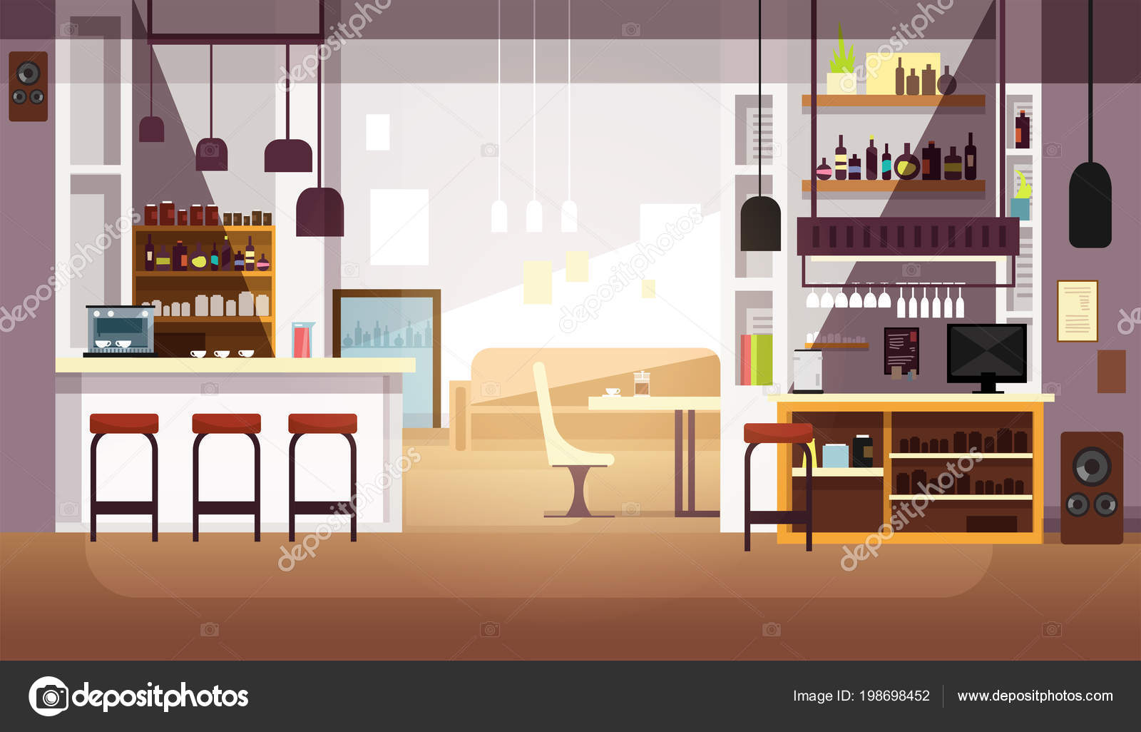 Modern Empty Bar Or Coffee Shop Vector Flat Interior Stock